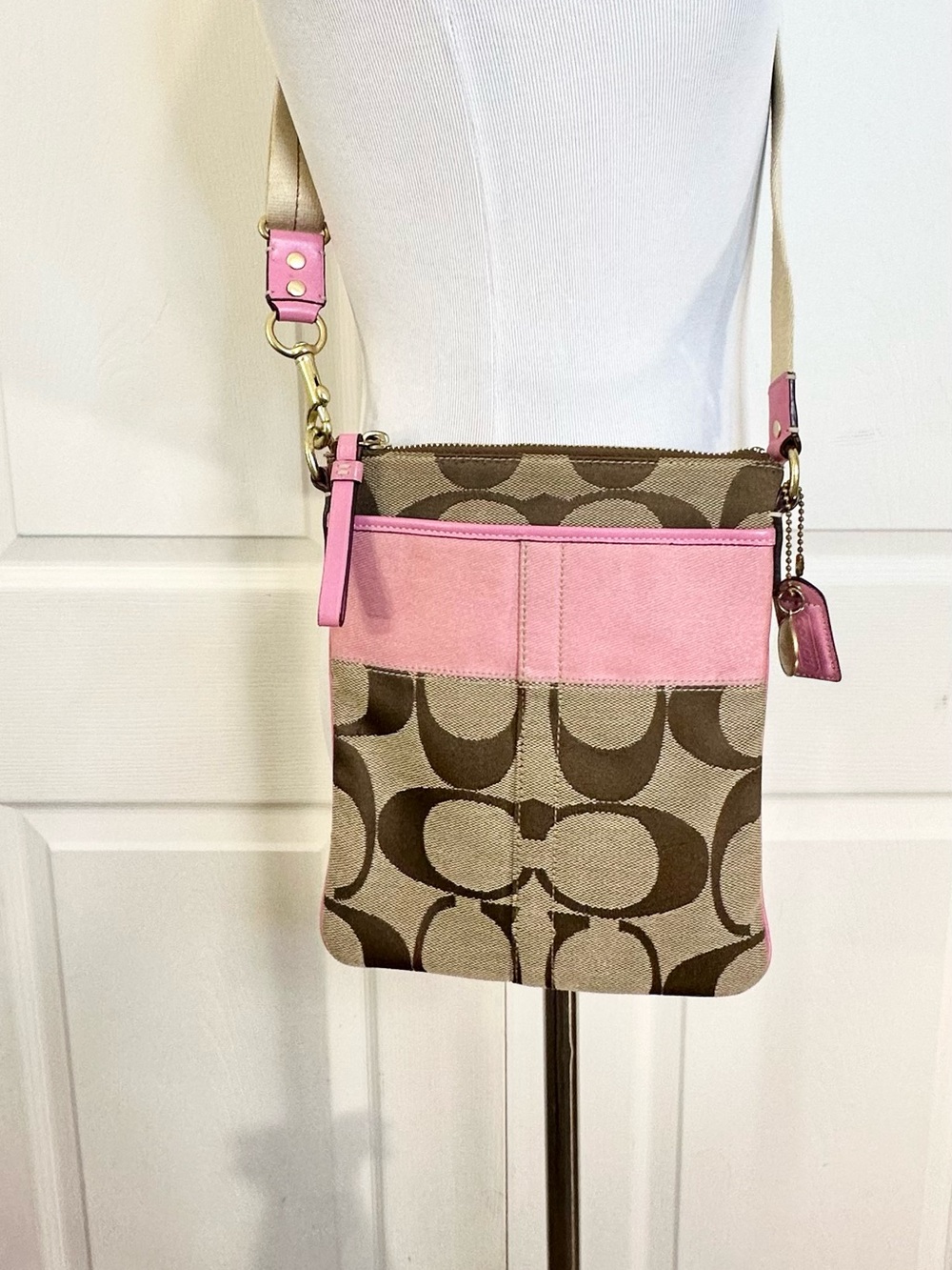 Coach Brown Signature Crossbody with Pink Leather Trim